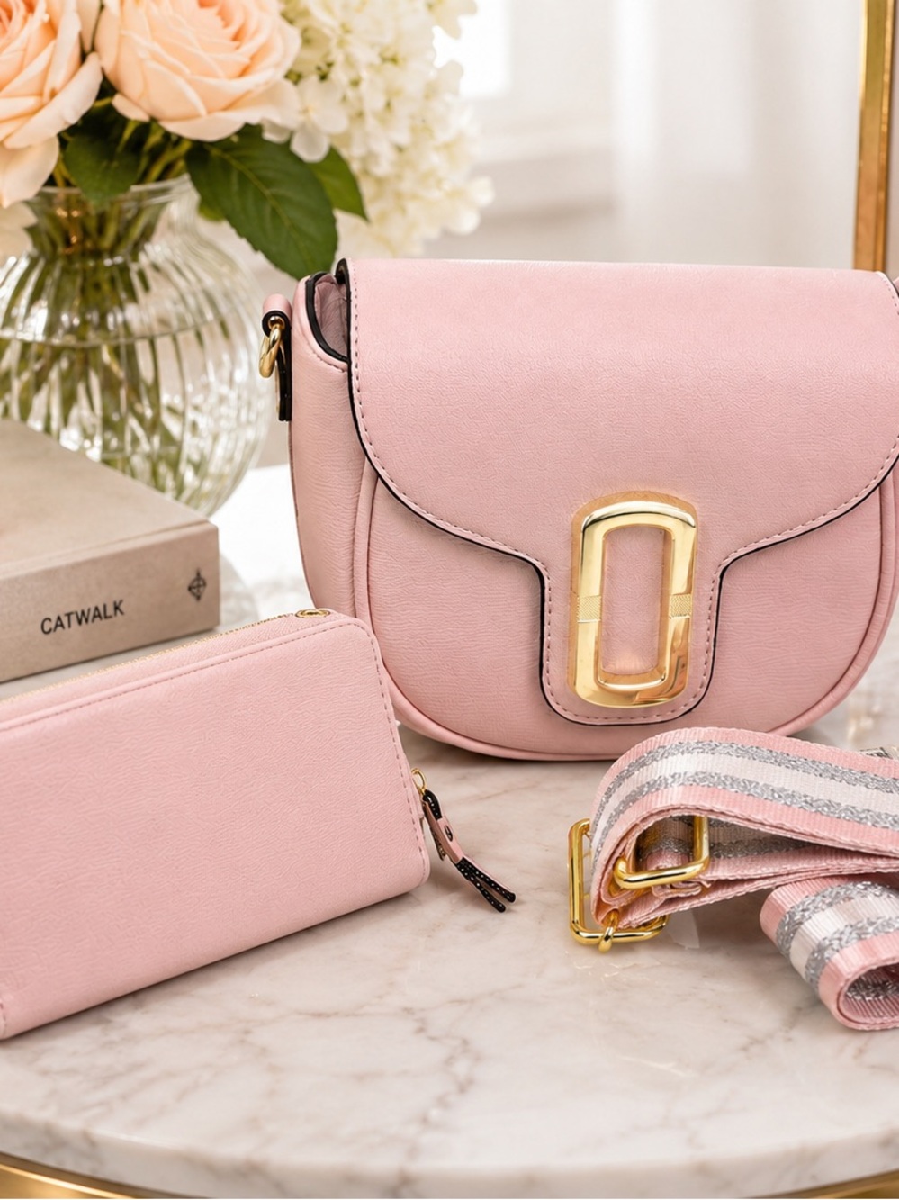 Blush Pink Crossbody Purse Wallet Set Adjustable Guitar Strap Gold Tone Hardware